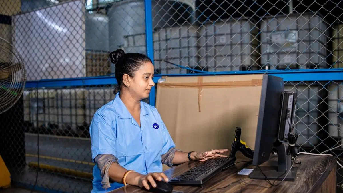 Employee working at a desktop computer in a small business office