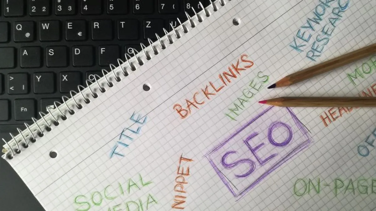 Notebook page with SEO written in the middle surrounded by backlinks, keyword research and on-page notes