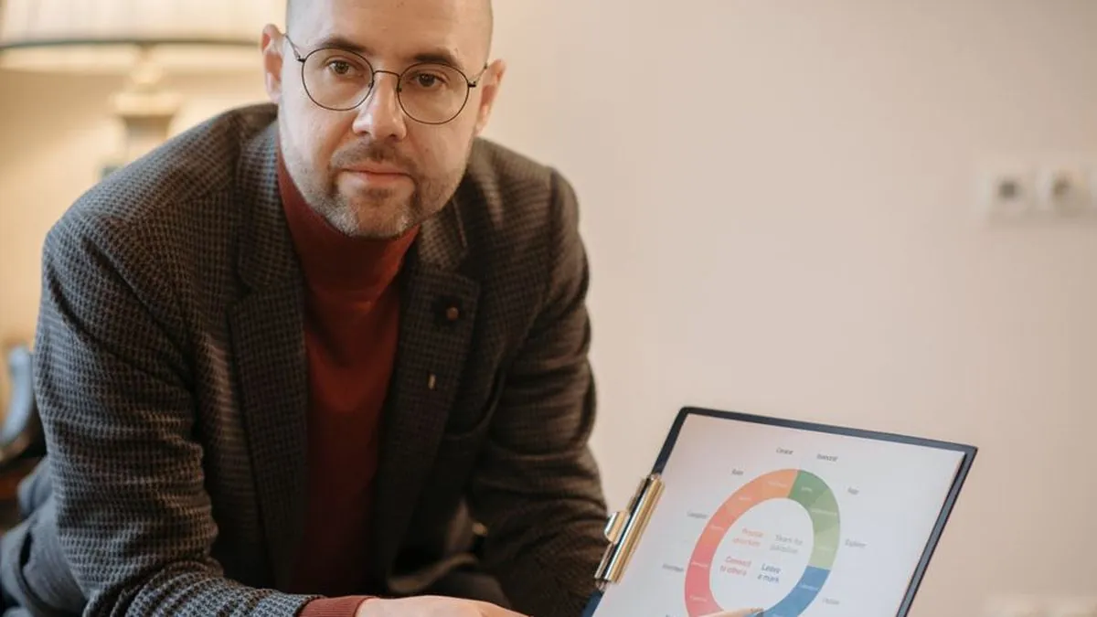 Consultant holding a clipboard with a pie chart while looking at the camera