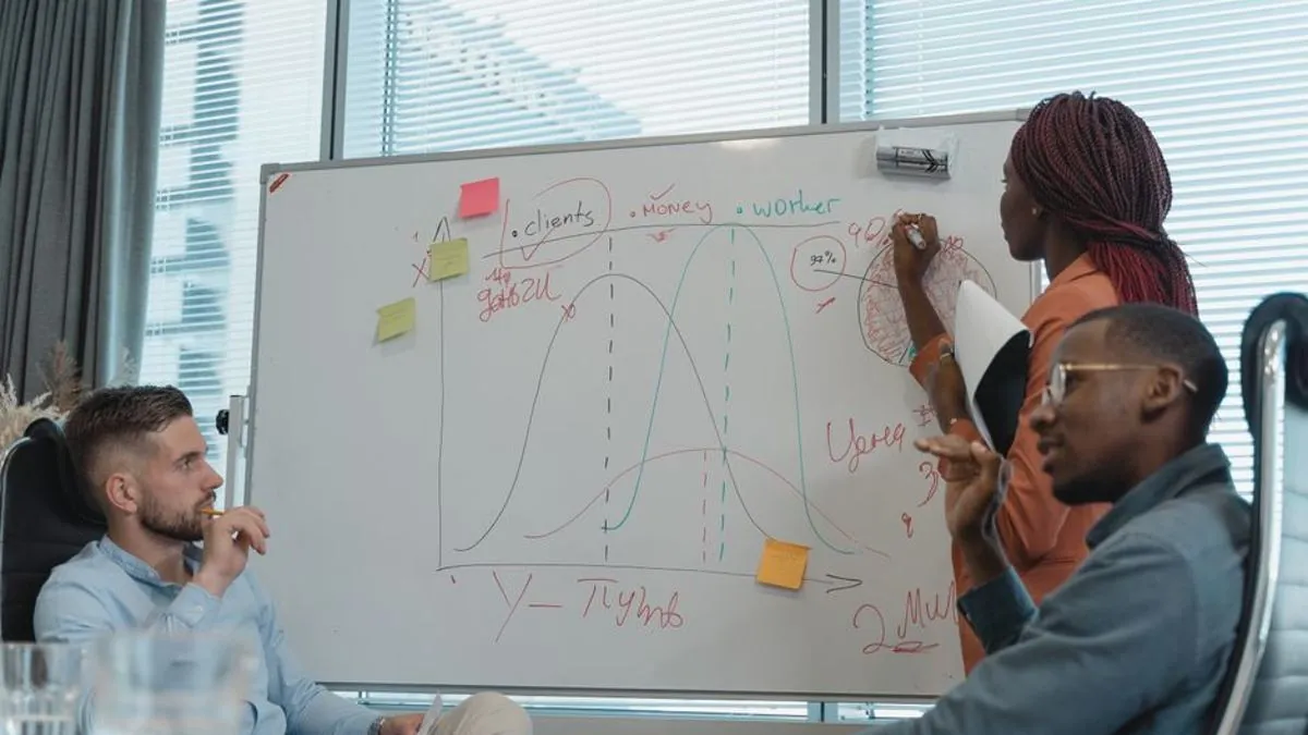 Colleagues planning a campaign on a whiteboard in an office