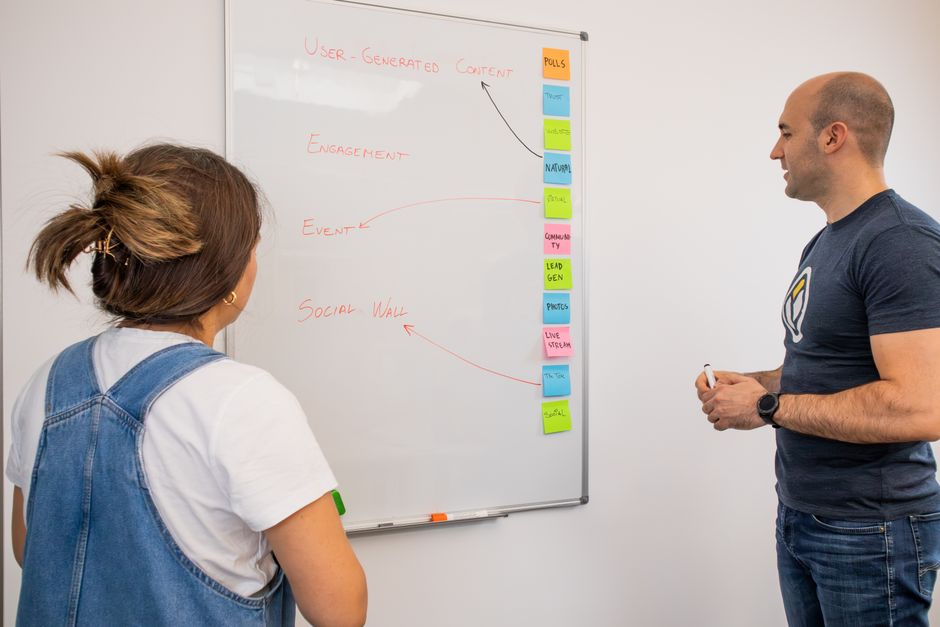 Colleagues planning social media content on a whiteboard with sticky notes