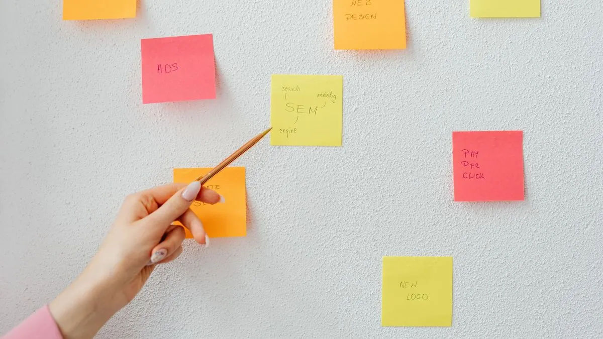 Hand pointing at colorful sticky notes with business ideas on a wall