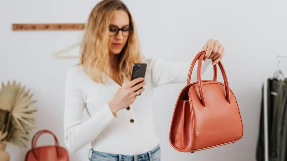 Shop owner holding a handbag and photographing it with a smartphone