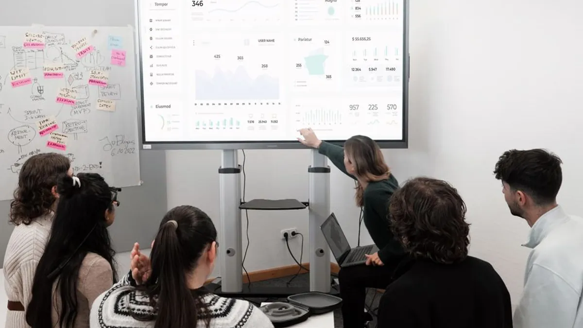 Team gathered around a wall screen showing a marketing dashboard with charts and sticky notes